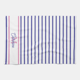 Preppy Pink and Navy Blue Stripe Simple Monogram Geschirrtuch
