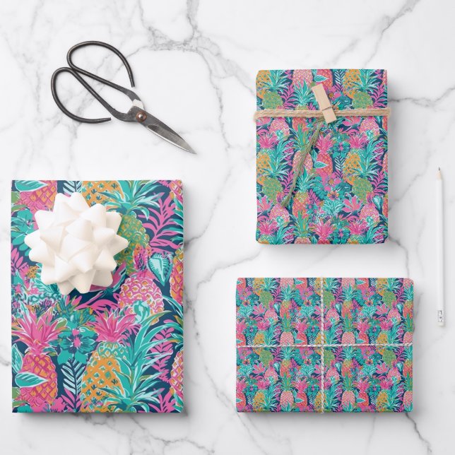 Preppy Pink Aquamarin Navy Blue Ananas Geschenkpapier Set (Vorderseite)
