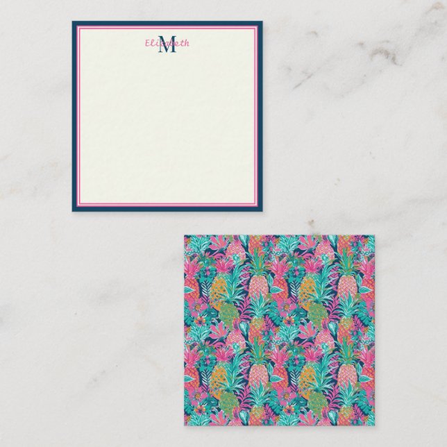 Preppy Pink Aquamarin Navy Blue Ananas Monogramm Mitteilungskarte (Vorne/Hinten)