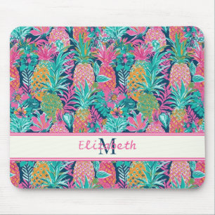 Preppy Pink Aquamarin Navy Blue Ananas Monogramm Mousepad