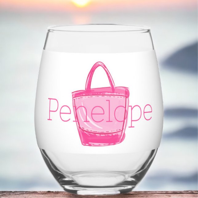 Preppy Pink Beach Bag Personalisiert Weinglas Ohne Stiel (Von Creator hochgeladen)