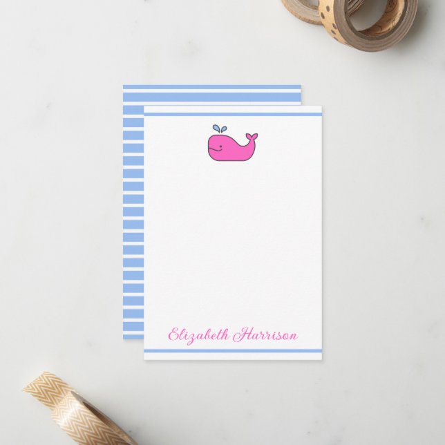 Preppy Pink Blue and White Whale Personalisiert Mitteilungskarte (Vorderseite/Rückseite Beispiel)