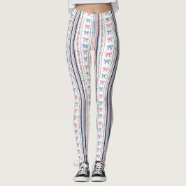 Preppy Pink Blue Coquette Bows Stripes Trendy Leggings