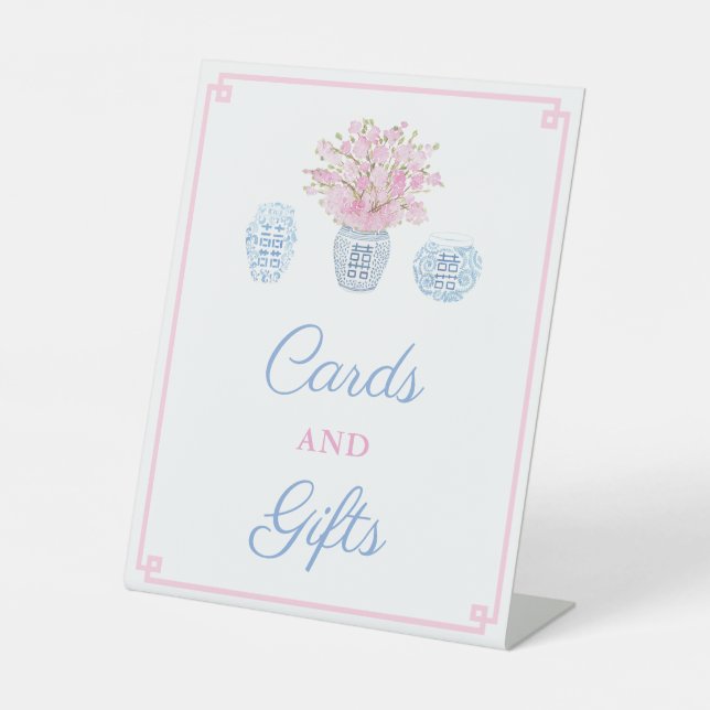 Preppy Pink Blue Polterabend Karten und Geschenke Sockelschild (Vorderseite)