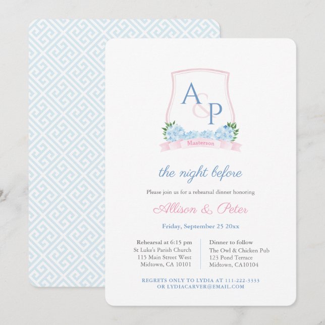 Preppy Pink Blue Wappen Hochzeit Probe Dinner Einladung (Vorne/Hinten)