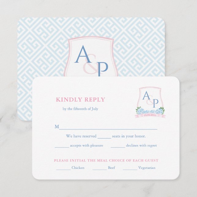 Preppy Pink Blue Wedding Wappen UAWG Begleitkarte (Vorne/Hinten)