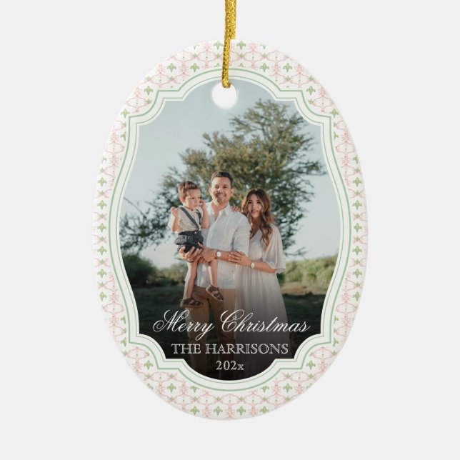 Preppy Pink Bow Christmas Nutcracker 2 Photos  Keramik Ornament (Vorne)