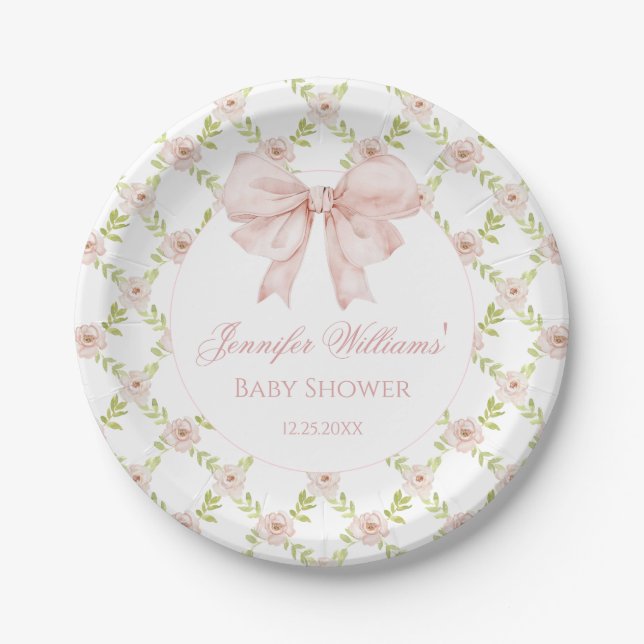 Preppy Pink Bow Floral Spring Baby Dusche Pappteller (Vorderseite)