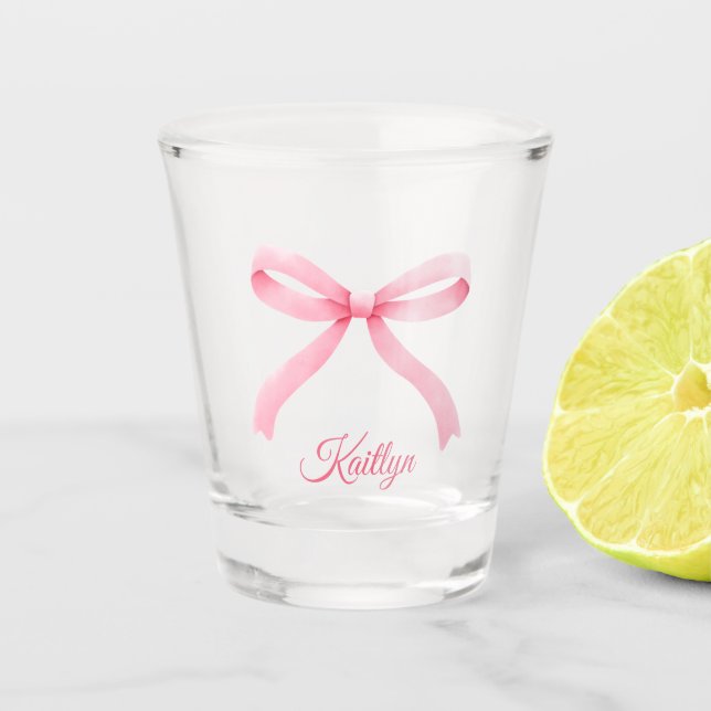 Preppy Pink Bow Individuelle Name Bachelorette Bev Schnapsglas (Vorderseite)