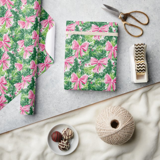 Preppy Pink Bows and Garland Weihnachten Geschenkpapier (Kunsthandwerk)