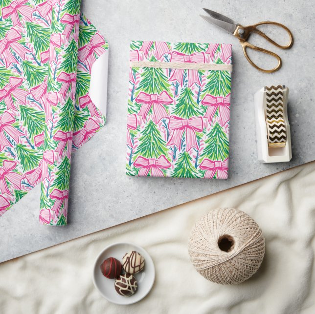 Preppy Pink Bows and Garland Weihnachten Geschenkpapier (Kunsthandwerk)