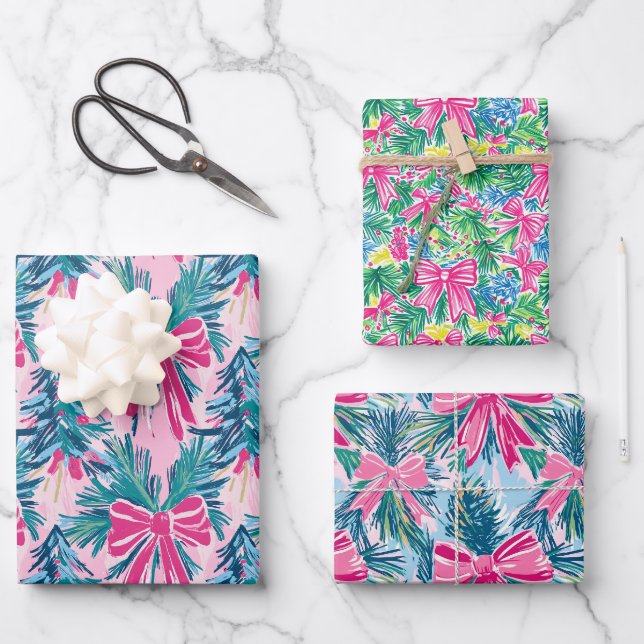 Preppy Pink Bows and Garland Weihnachten Geschenkpapier Set (Vorderseite)