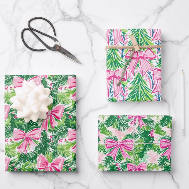 Preppy Pink Bows and Garland Weihnachten Geschenkpapier Set (Vorderseite)