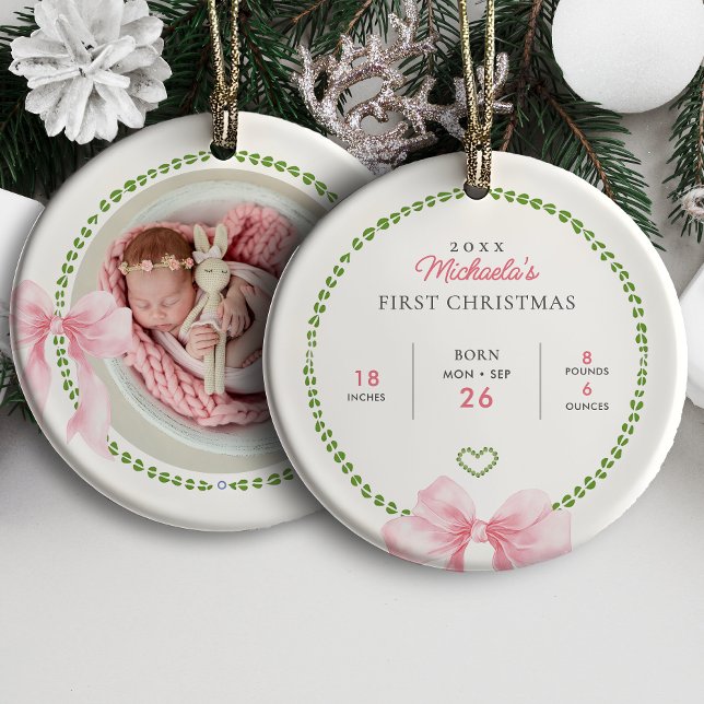 Preppy Pink Bows Baby's First Christmas Photo Keramik Ornament (Von Creator hochgeladen)