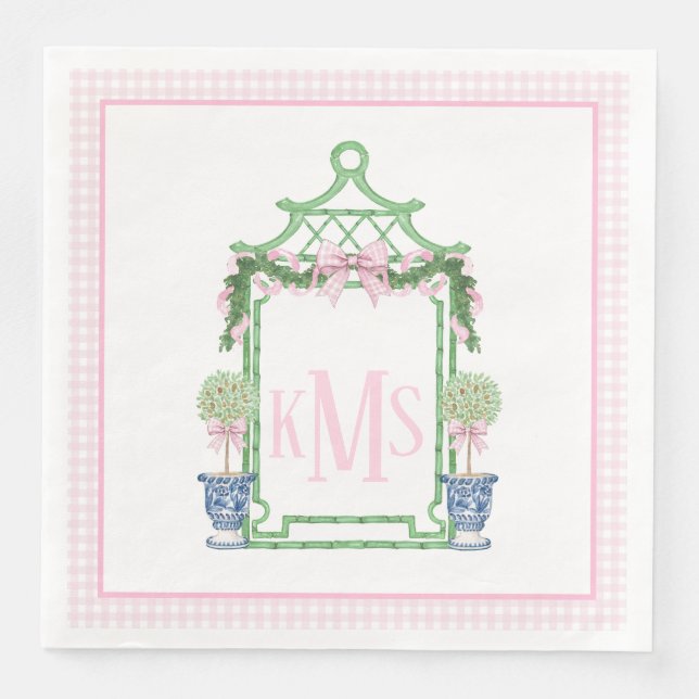 Preppy Pink Chinoiserie Pagoda Monogramm Serviette (Vorderseite)