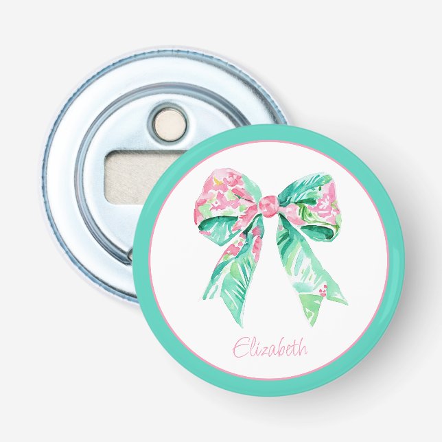 Preppy Pink Floral Bow Personalisiert Flaschenöffner (Vorderseite)