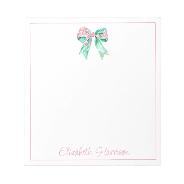 Preppy Pink Floral Bow Personalisiert Notizblock (Vorderseite)