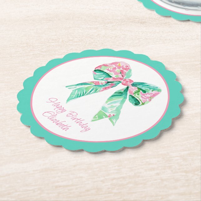 Preppy Pink Floral Bow Personalisiert Untersetzer (angewinkelt)
