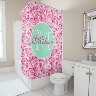 Preppy Pink Floral Watercolor Rose Tropisch Duschvorhang