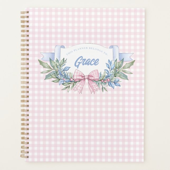 Preppy Pink Gingham Grandmillennial Planer (Vorderseite)