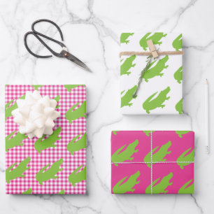 Preppy Pink Gingham Green Alligator Farbiger Spaß Geschenkpapier Set