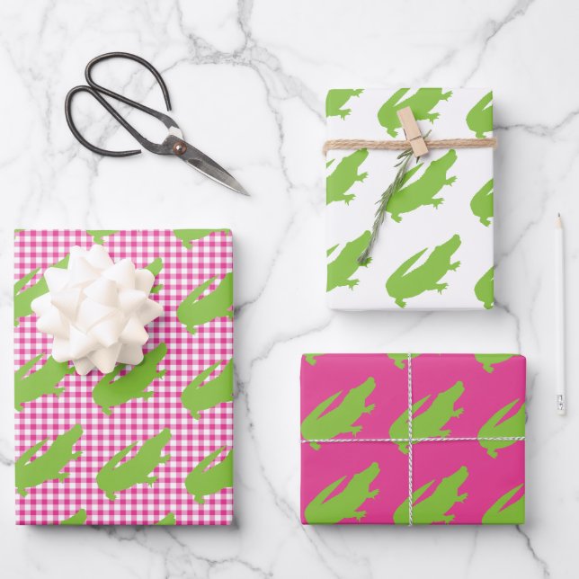 Preppy Pink Gingham Green Alligator Farbiger Spaß Geschenkpapier Set (Vorderseite)
