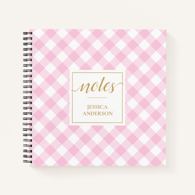 Preppy Pink Gingham Pattername Notizbuch (Vorderseite)