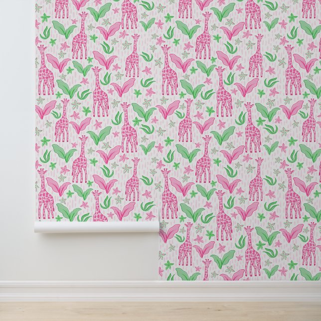 Preppy Pink Giraffen Jungle-Blume Tapete (Anwendung)