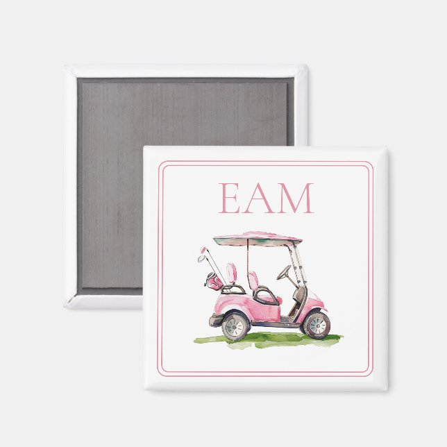 Preppy Pink Golf Cart Monogram Magnet (Vorderseite/Rückseite)