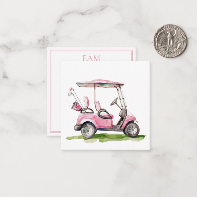 Preppy Pink Golf Cart Monogram Mitteilungskarte (Vorderseite/Rückseite Beispiel)