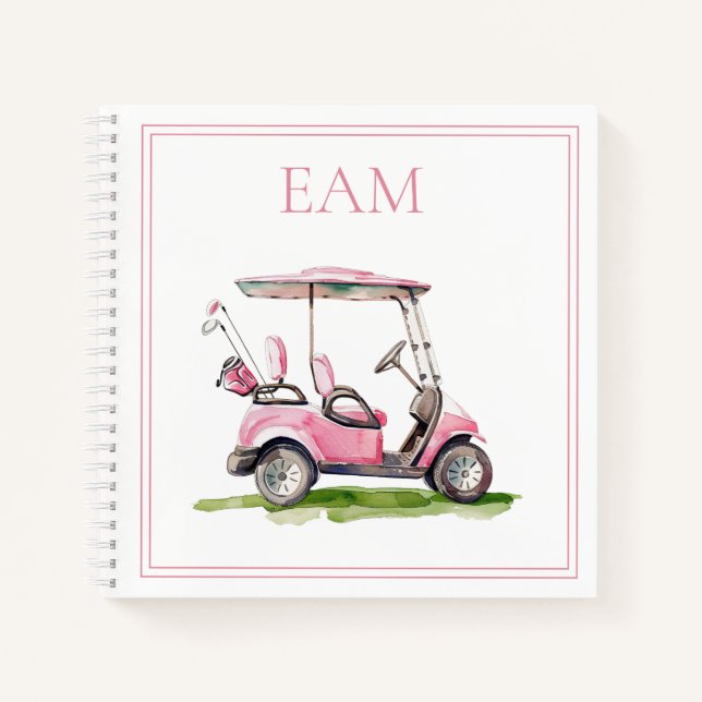 Preppy Pink Golf Cart Monogram Notizbuch (Vorderseite)