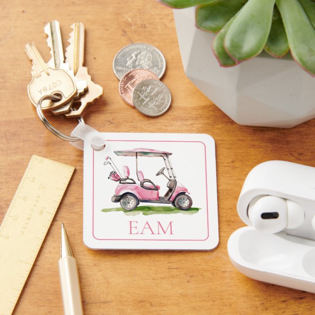 Preppy Pink Golf Cart Monogram Schlüsselanhänger (Schreibtisch)