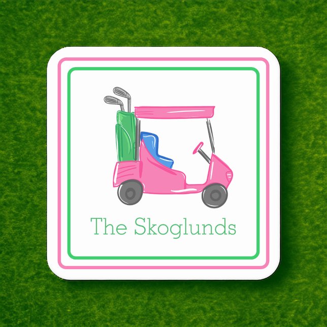 Preppy Pink Golf Cart Personalisiert Border Gift Mitteilungskarte (Von Creator hochgeladen)