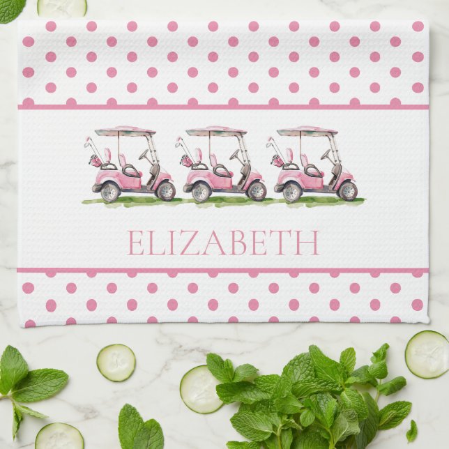 Preppy Pink Golf Carts auf Polka Dots Personalisie Geschirrtuch (Gefaltet)