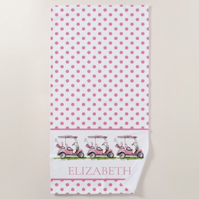 Preppy Pink Golf Carts auf Polka Dots Personalisie Strandtuch (Vorderseite)