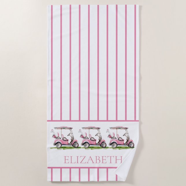 Preppy Pink Golf Carts Personalisiert Strandtuch (Vorderseite)