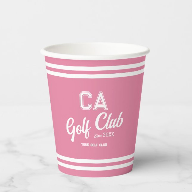 Preppy Pink Golf Club Custom Wappen Party Pappbecher (Vorderseite)