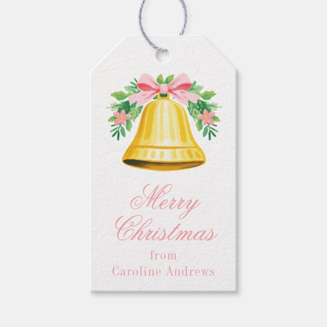 Preppy Pink & Green Christmas Bell Swag Geschenkanhänger (Vorderseite)