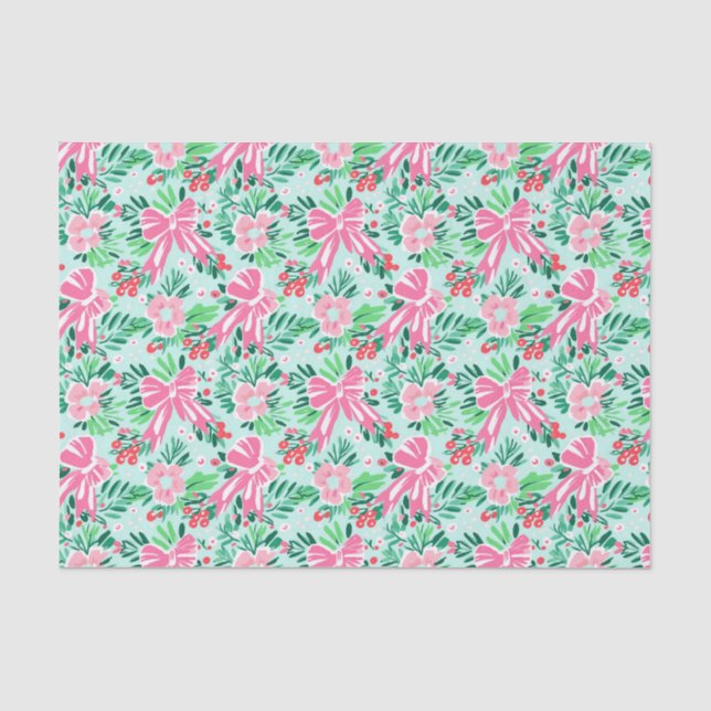 Preppy Pink & Green Christmas Bows & Garland Seidenpapier (Vorderseite)