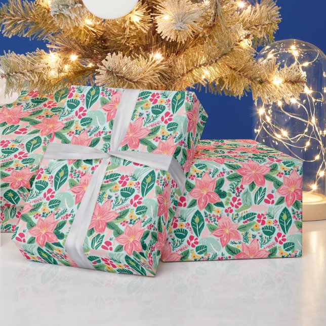 Preppy Pink & Green Christmas Poinsettias Geschenkpapier (Feiertage)