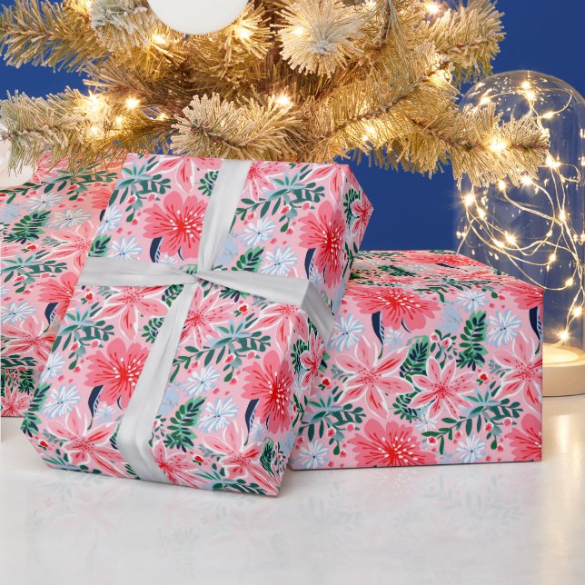 Preppy Pink & Green Christmas Poinsettias Geschenkpapier (Feiertage)