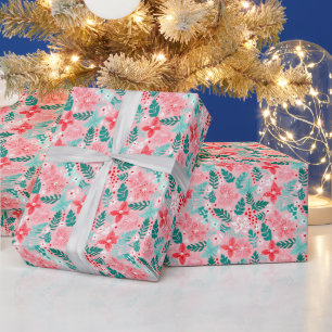Preppy Pink & Green Christmas Poinsettias Geschenkpapier