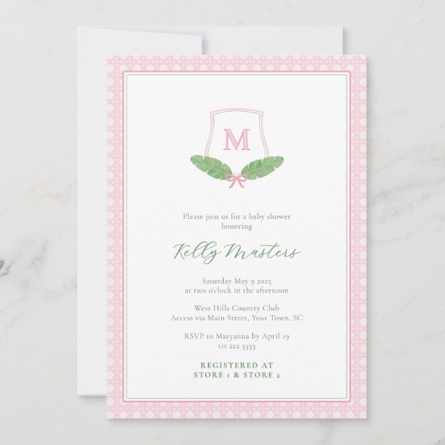 Preppy Pink Green Monogram Cane Baby Girl Dusche Einladung (Vorderseite)