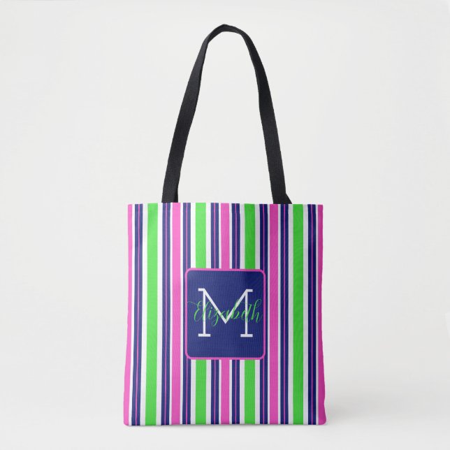 Preppy Pink Green Navy Blue Strip Monogram Tasche (Vorderseite)