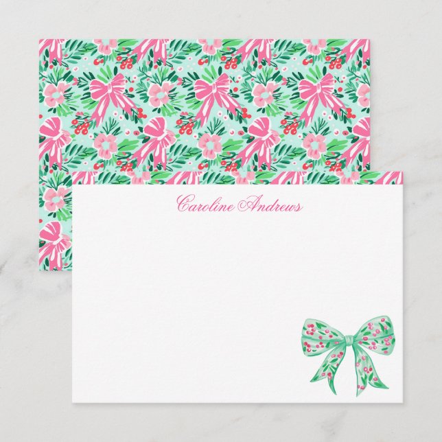 Preppy Pink & Green Palm Beach Holly Bow Dankeskarte (Vorne/Hinten)