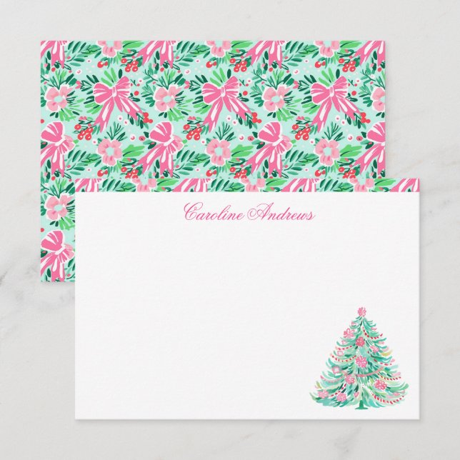 Preppy Pink & Green Palm Beach Weihnachtsbaum Dankeskarte (Vorne/Hinten)