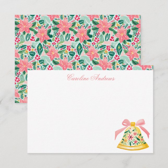 Preppy Pink & Green Palm Beach Weihnachtsglocke Dankeskarte (Vorne/Hinten)