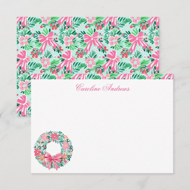 Preppy Pink & Green Palm Beach Wreath Dankeskarte (Vorne/Hinten)