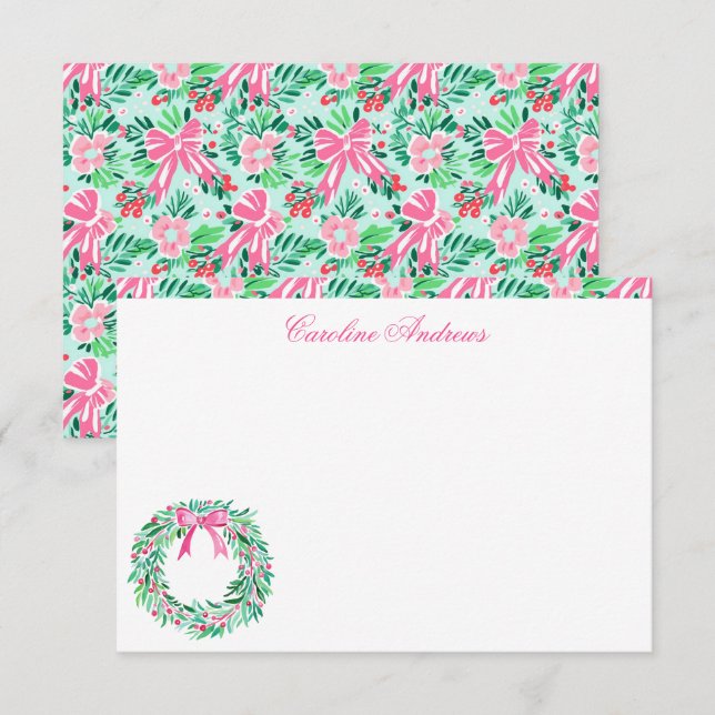 Preppy Pink & Green Palm Beach Wreath Dankeskarte (Vorne/Hinten)