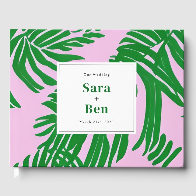 Preppy Pink + Green Palm Tree Wedding Gästebuch (Vorderseite)